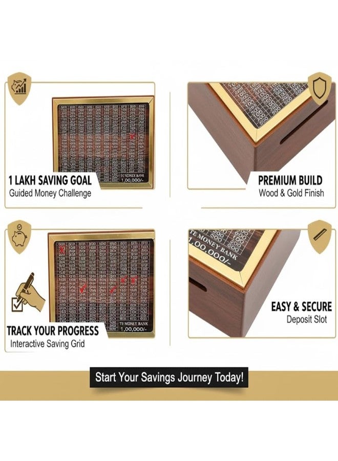 Drumstone 𝟓+𝟓 Year 𝐆𝐔𝐀𝐑𝐀𝐍𝐓𝐄 Wooden Money Saving Box for Adults & Kids with ₹1,00,000 Savings Tracker Smart Goal-Based Money Bank for Home & Office Secure Piggy Bank for Daily Savings Golden - Image 2